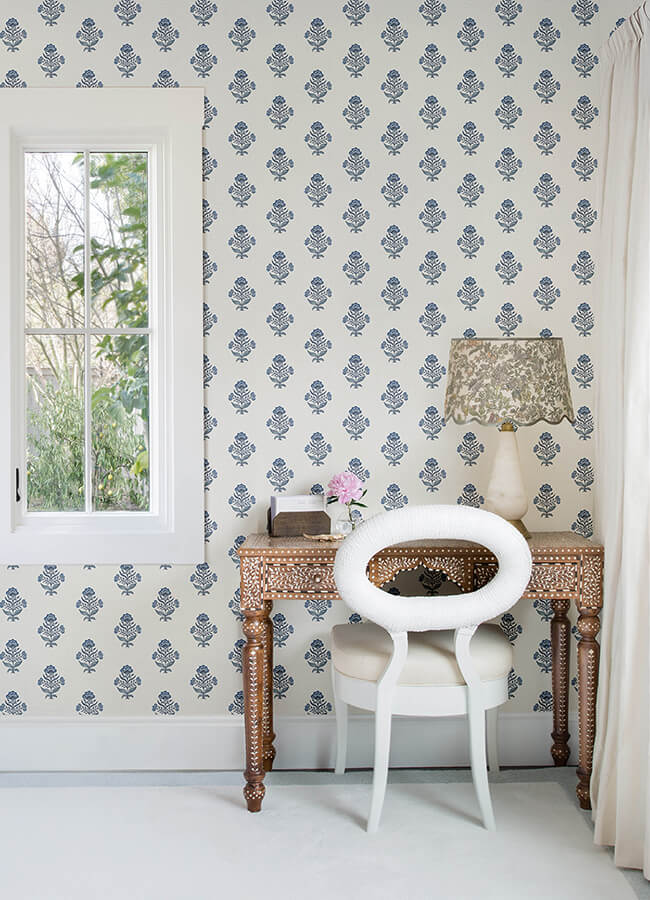 hollyhock-blue-floral-crest-wallpaper-york-wallcoverings-4148-27417 - York Wallcoverings Wallpaper