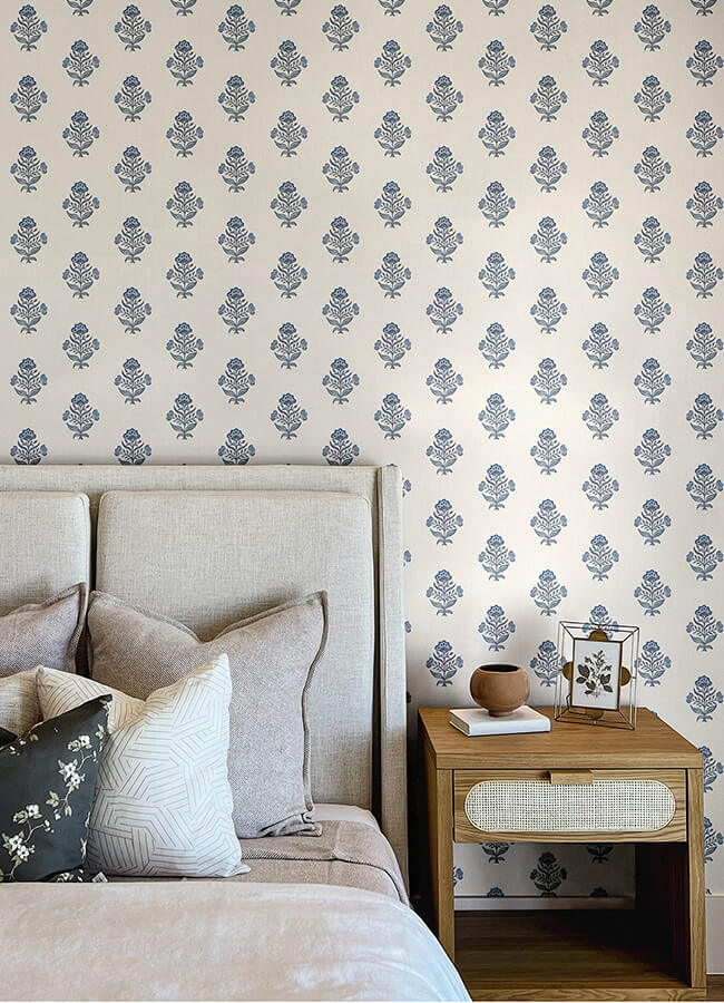 hollyhock-blue-floral-crest-wallpaper-york-wallcoverings-4148-27417 - York Wallcoverings Wallpaper