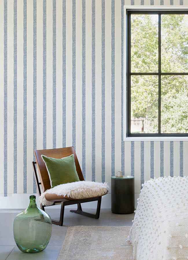 Mandevilla Blue Vine Stripe Wallpaper - York Wallcoverings - 4148-27428 - York Wallcoverings Wallpaper