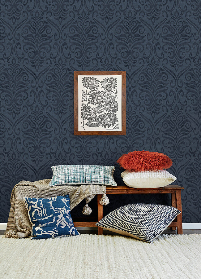 adavu-blue-damask-wallpaper-york-wallcoverings-4148-27438 - York Wallcoverings Wallpaper