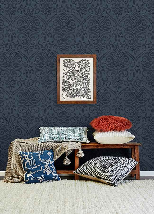 Adavu Blue Damask Wallpaper - York Wallcoverings - 4148-27438 - York Wallcoverings Wallpaper