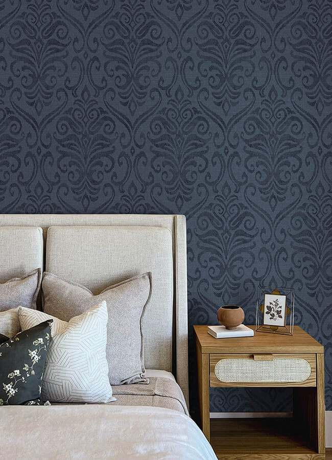 adavu-blue-damask-wallpaper-york-wallcoverings-4148-27438 - York Wallcoverings Wallpaper