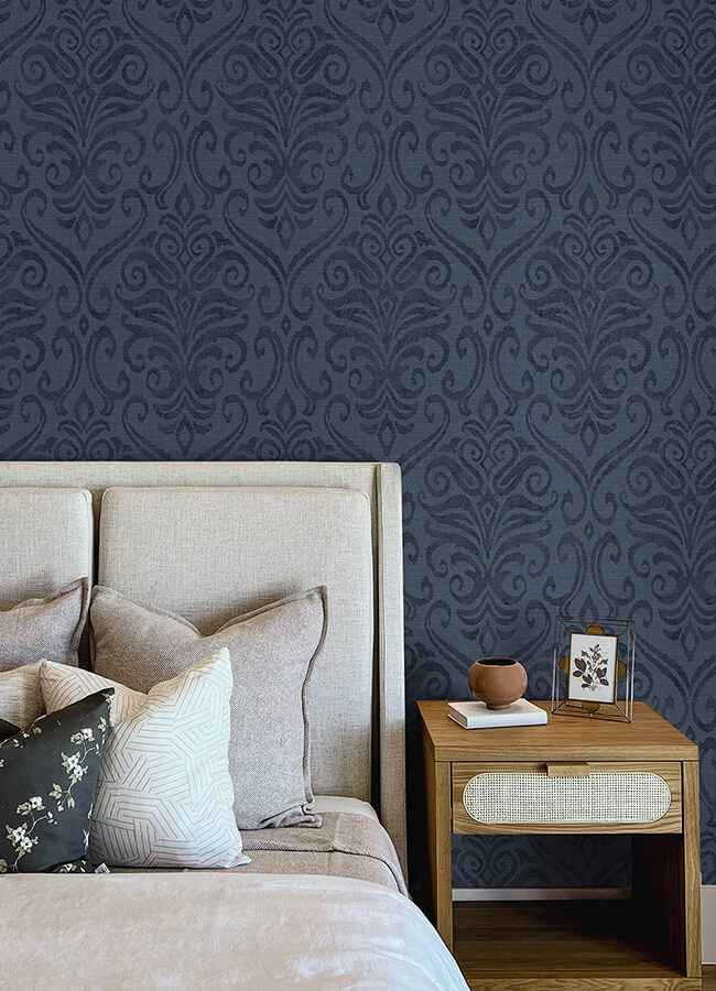 Adavu Blue Damask Wallpaper - York Wallcoverings - 4148-27438 - York Wallcoverings Wallpaper