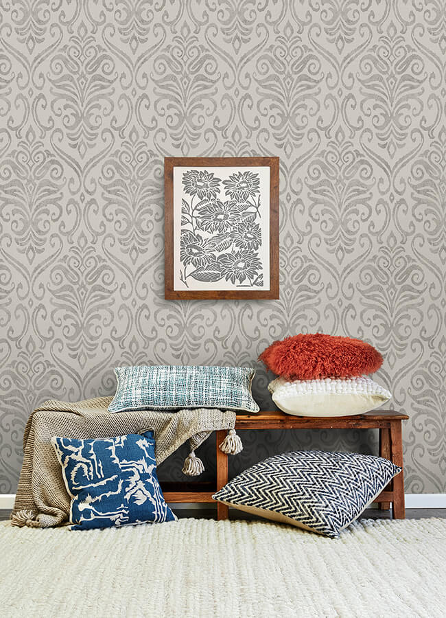 adavu-grey-damask-wallpaper-york-wallcoverings-4148-27439 - York Wallcoverings Wallpaper