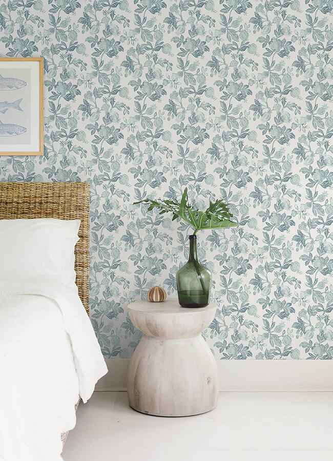 Beach Rose Teal Floral Fruits Wallpaper - York Wallcoverings - 4172-27494