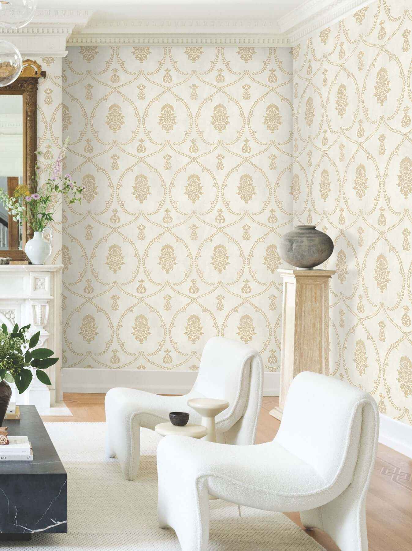 Royal Damask Soft Gold Wallpaper - York Wallcoverings - MX9643