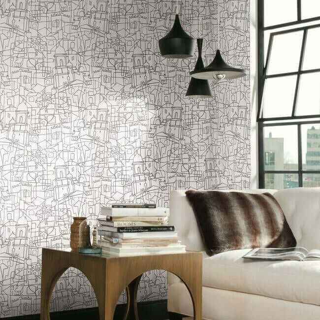 Cubist Cityscape Black Peel & Stick Wallpaper - York Wallcoverings - PSW1047RL - York Wallcoverings Wallpaper