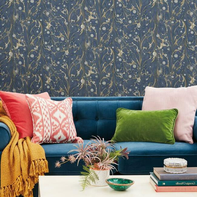 marbled-endpaper-premium-peel-stick-wallpaper-navy-york-wallcoverings-psw1114rl - York Wallcoverings Wallpaper
