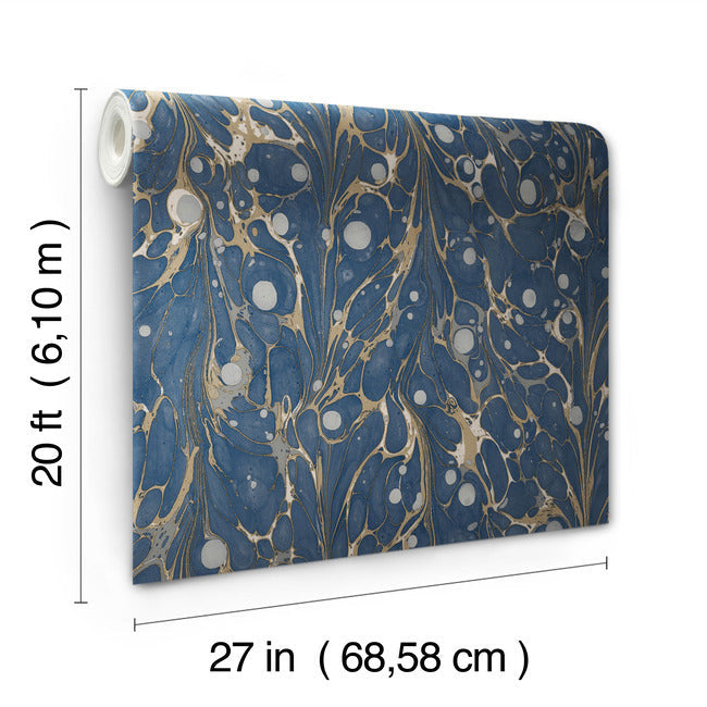 marbled-endpaper-premium-peel-stick-wallpaper-navy-york-wallcoverings-psw1114rl - York Wallcoverings Wallpaper