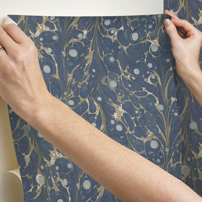 marbled-endpaper-premium-peel-stick-wallpaper-navy-york-wallcoverings-psw1114rl - York Wallcoverings Wallpaper