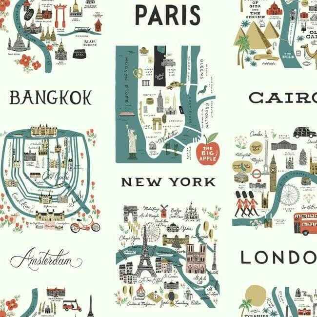 City Maps Blue & Red Wallpaper - York Wallcoverings - RI5162 - York Wallcoverings Wallpaper