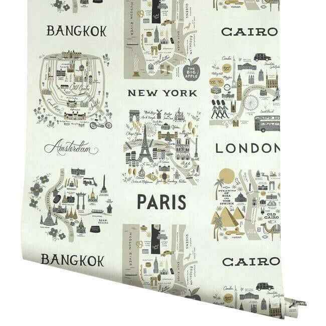 City Maps Grey & Gold Wallpaper - York Wallcoverings - RI5161 - York Wallcoverings Wallpaper