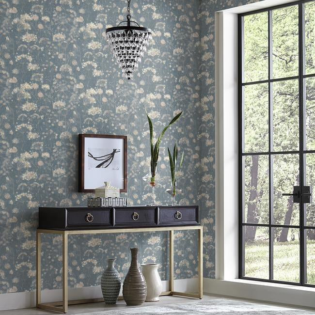 botanical-fantasy-wallpaper-dark-blue-blush-york-wallcoverings-na0543 - York Wallcoverings Wallpaper