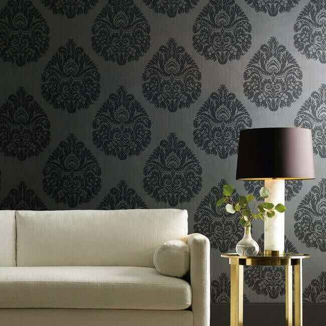 Teardrop Damask Black Wallpaper - York Wallcoverings - KT2144 - York Wallcoverings Wallpaper