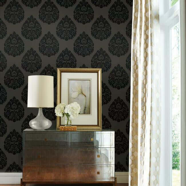 teardrop-damask-black-wallpaper-york-wallcoverings-kt2144 - York Wallpaper Wallpaper
