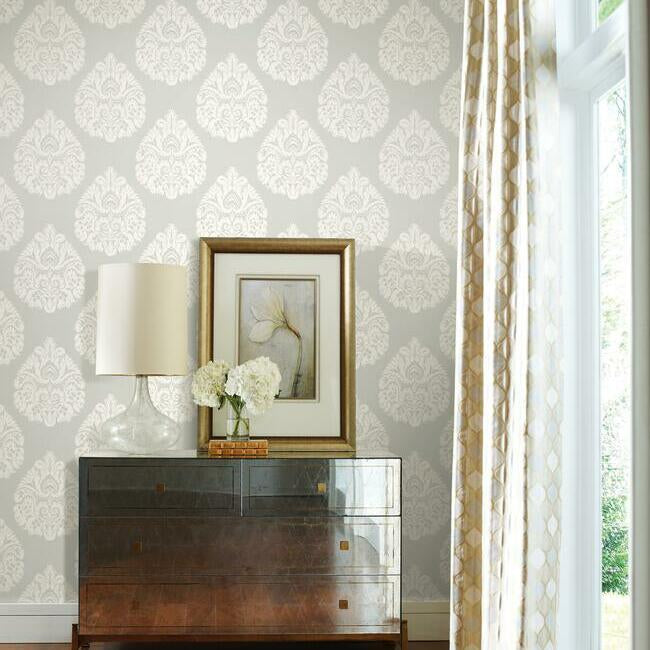 Teardrop Damask Light Grey Wallpaper - York Wallcoverings - KT2145 - York Wallcoverings Wallpaper