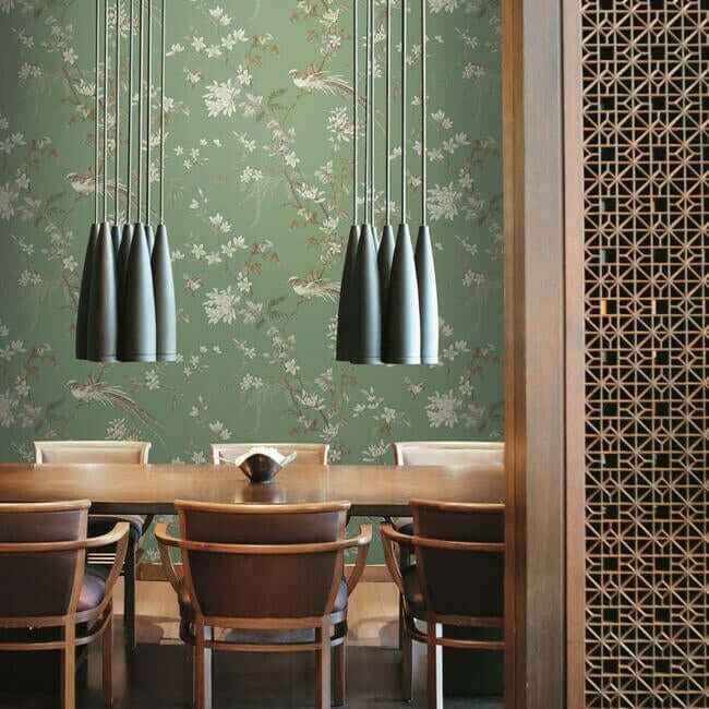 Bird & Blossom Chinoserie Green Wallpaper - York Wallcoverings - KT2175