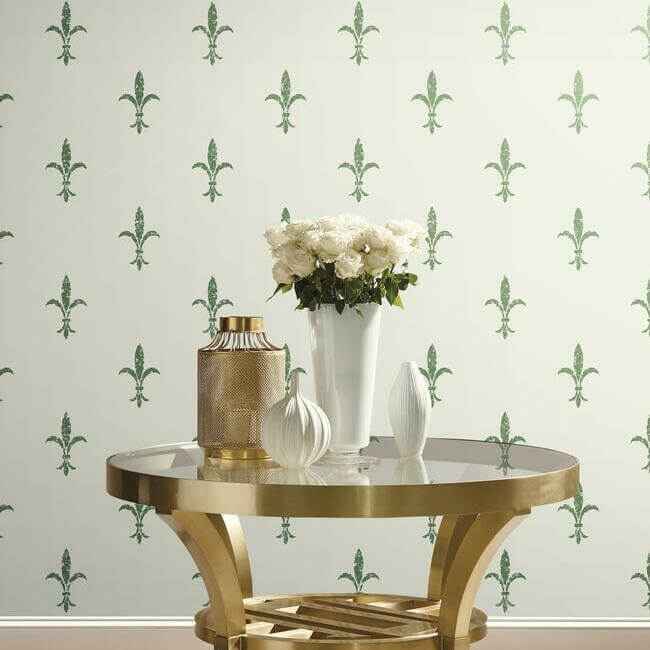 Fleur De Lis White & Green Wallpaper - York Wallcoverings - KT2194 - York Wallcoverings Papel pintado
