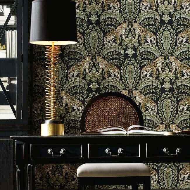 Jungle Leopard Black & Green Wallpaper - York Wallcoverings - KT2205