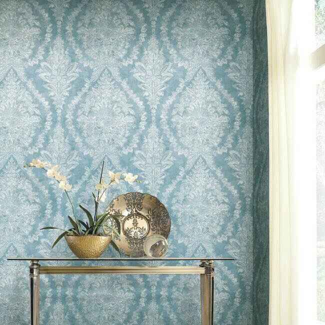 Charleston Damask Blue Wallpaper - York Wallcoverings - KT2213 - York Wallcoverings Wallpaper