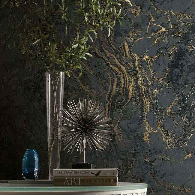 Polished Marble Black Wallpaper - York Wallcoverings - KT2224