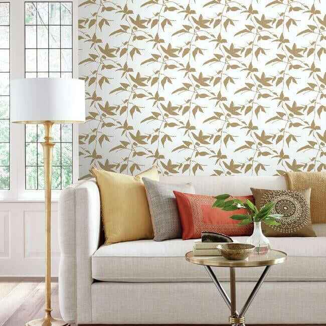 Persimmon Leaf Wallpaper Goldwhite - York Wallcoverings - AF6511 - York Wallcoverings Wallpaper