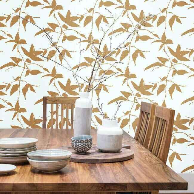 Persimmon Leaf Wallpaper Goldwhite - York Wallcoverings - AF6511 - York Wallcoverings Wallpaper