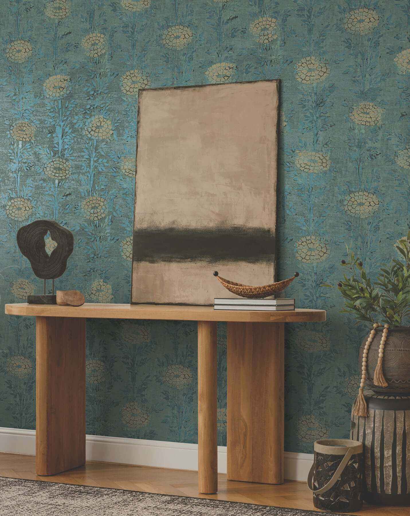 French Marigold Teal Green & Gold Wallpaper - York Wallcoverings - AF6519 - York Wallcoverings Wallpaper