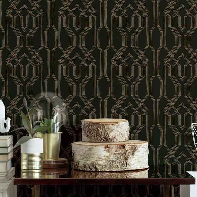 Oriental Lattice Wallpaper Blackgold - York Wallcoverings - AF6562 - York Wallcoverings Wallpaper