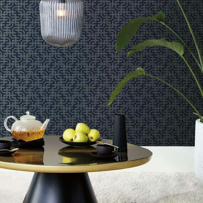 dynastic-lattice-wallpaper-navysilver-york-wallcoverings-5800 - York Wallcoverings Wallpaper