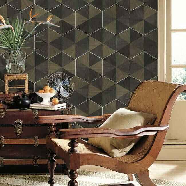 Hexagram Wood Veneer Brown & Black Wallpaper - York Wallcoverings - HO2103 - York Wallcoverings Wallpaper
