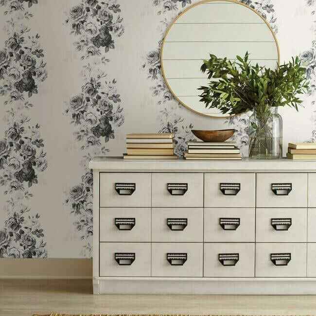 Tea Rose Black & White Wallpaper - York Wallcoverings - ME1534 - York Wallcoverings Wallpaper