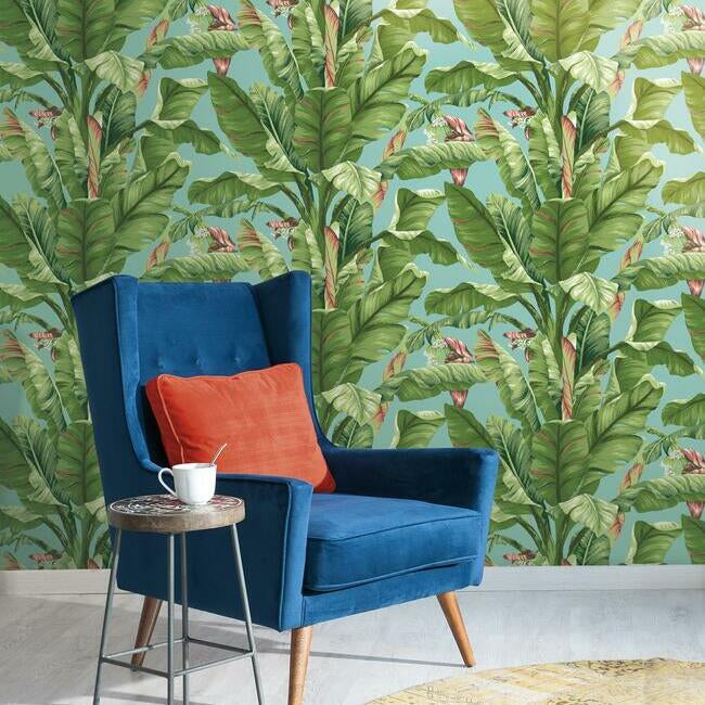 banana-leaf-wallpaper-aqua-york-wallcoverings-at7070 - York Wallcoverings Wallpaper