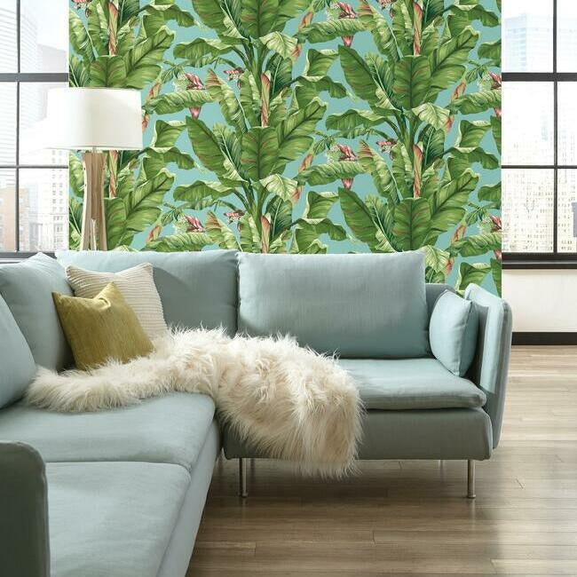 banana-leaf-wallpaper-aqua-york-wallcoverings-at7070 - York Wallcoverings Wallpaper