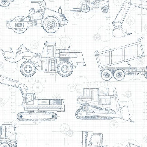 Construction Blueprint Wallpaper- Navy On White - York Wallcoverings - KS2350