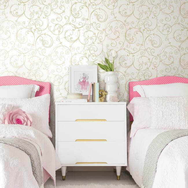 disney-princess-perfect-scroll-wallpaper-gold-york-wallcoverings-di0905 - York Wallcoverings Wallpaper