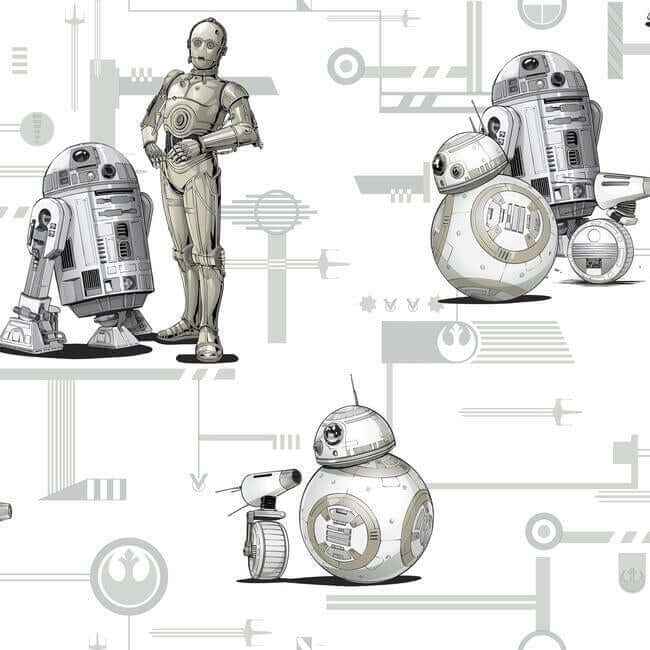 Star Wars: The Rise of Skywalker, Droids! Black & White Wallpaper - York Wallcoverings - DI0947