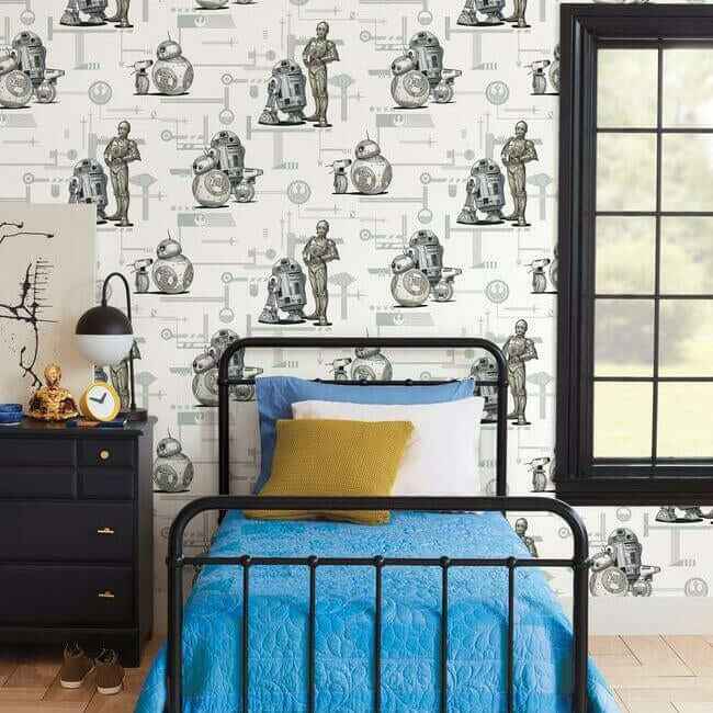 Star Wars: The Rise of Skywalker, Droids! Black & White Wallpaper - York Wallcoverings - DI0947 - York Wallcoverings Wallpaper