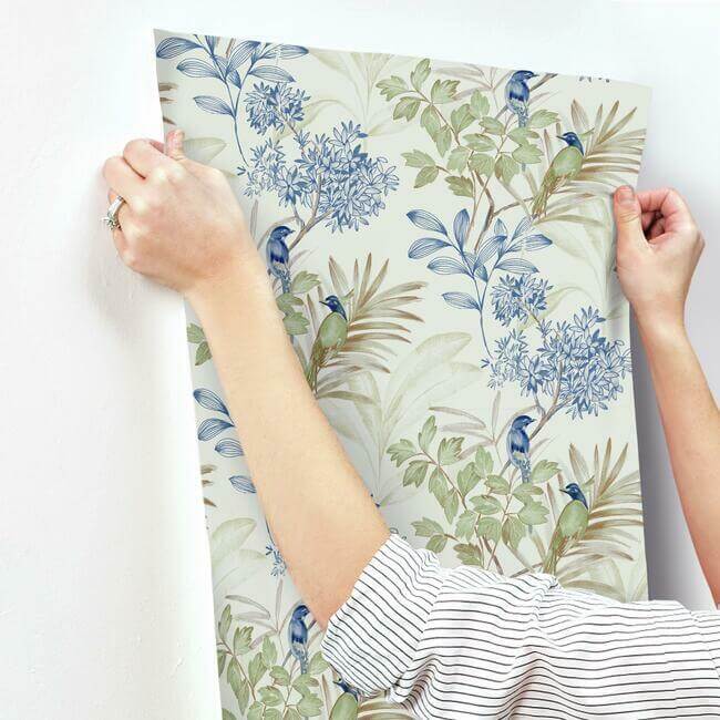 handpainted-songbird-green-blue-wallpaper-york-wallcoverings-tl1928 - York Wallpaper Wallpaper