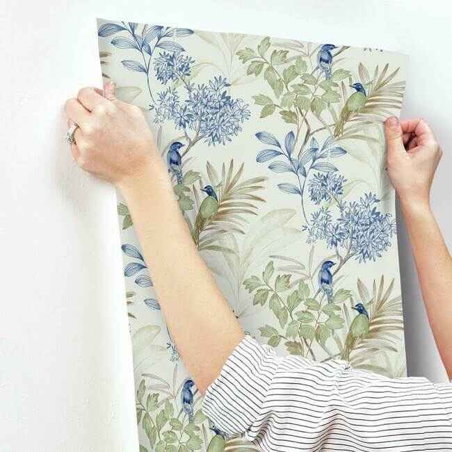 Handpainted Songbird Green & Blue Wallpaper - York Wallcoverings - TL1928 - York Wallcoverings Wallpaper