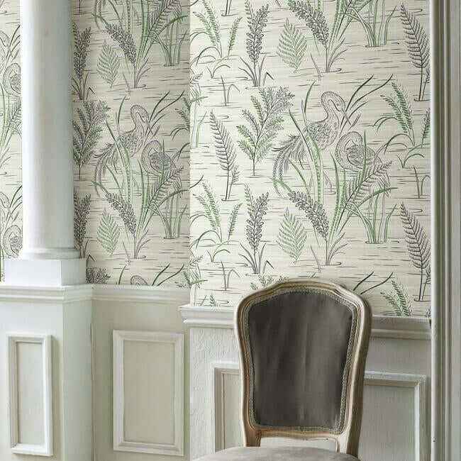 Fernwater Cranes Black & Green Wallpaper - York Wallcoverings - GR5952 - York Wallcoverings Wallpaper