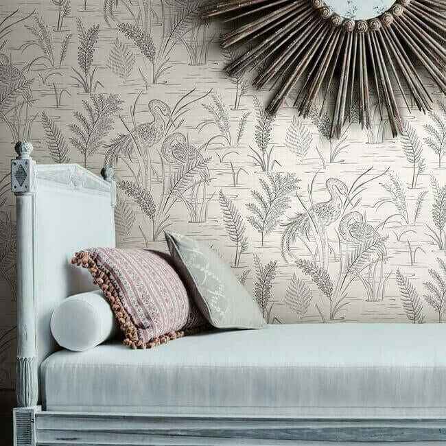 Fernwater Cranes Black & Grey Wallpaper - York Wallcoverings - GR5953 - York Wallcoverings Wallpaper