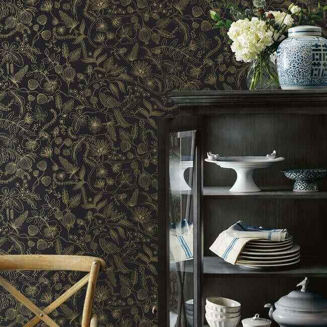 Aviary Black & Gold Peel & Stick Wallpaper - York Wallcoverings - PSW1310RL - York Wallcoverings Wallpaper