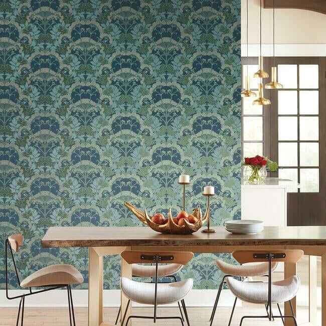 Yarrow Nouveau Blue & Green Wallpaper - York Wallcoverings - NV5558 - York Wallcoverings Wallpaper