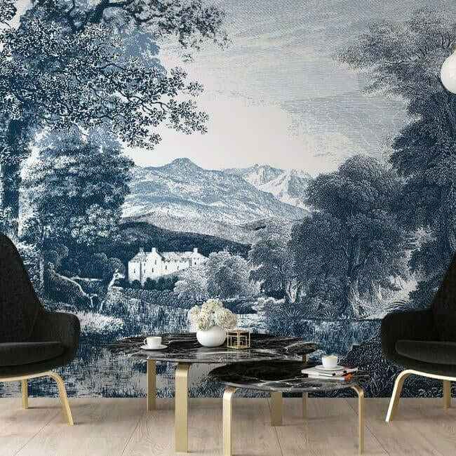 Provincial Scenic Navy Wall Mural - York Wallcoverings - MU0271M - York Wallcoverings Wall Murals