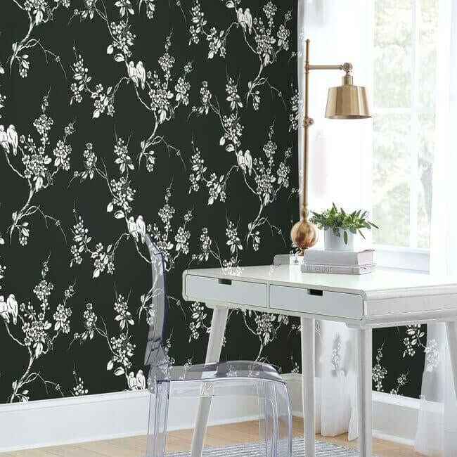 Imperial Blossoms Branch Black & White Wallpaper - York Wallcoverings - SS2589