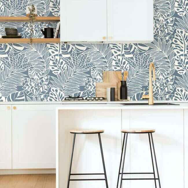Jungle Leaves Wallpaper Blue - York Wallcoverings - SS2576 - York Wallcoverings Wallpaper