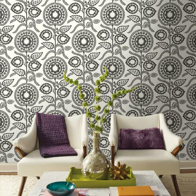 pomegranate-bloom-wallpaper-black-white-york-wallcoverings-ss2583 - York Wallcoverings Wallpaper