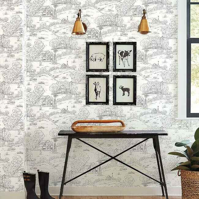 Pasture Toile Black & White Wallpaper - York Wallcoverings - FH4031