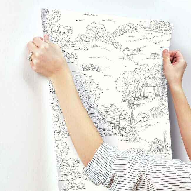 Pasture Toile Black & White Wallpaper - York Wallcoverings - FH4031 - York Wallcoverings Wallpaper